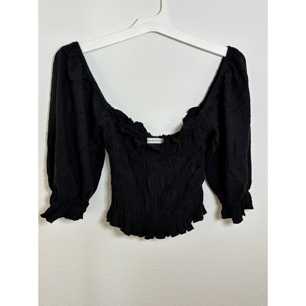 Urban Outfitters Black Smocked Puff Sleeve Crop Top Ruffle Neck Small